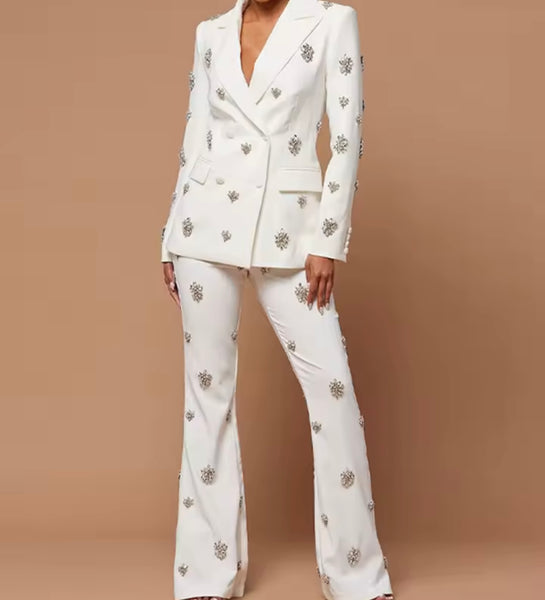 Women Rhinestone Full Sleeve Blazer Two Piece Fashion Pant Set