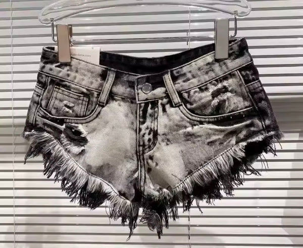 Women Fashion Ripped Fringe Denim Shorts