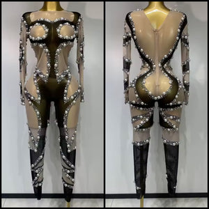 Women Sexy Black Pearl Rhinestone Mesh Patchwork Jumpsuit