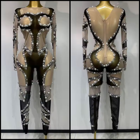 Women Sexy Black Pearl Rhinestone Mesh Patchwork Jumpsuit