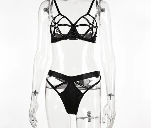 Women Sexy Black Sequins Cut Out Lingerie Set