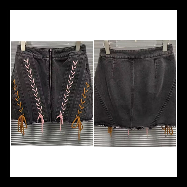 Women Sexy Fashion Color Lace Up Denim Skirt