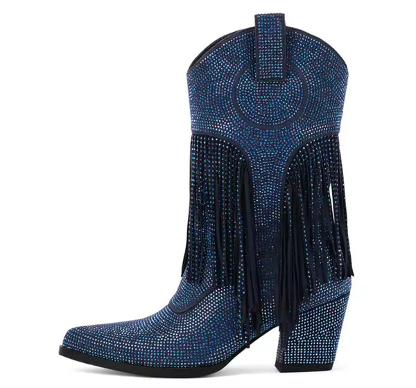 Women Fashion Blue Bling Fringe Tassel Western Boots