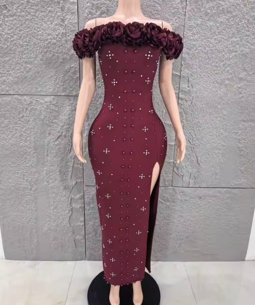 Women Floral Strapless Beaded Rhinestone Maxi Dress