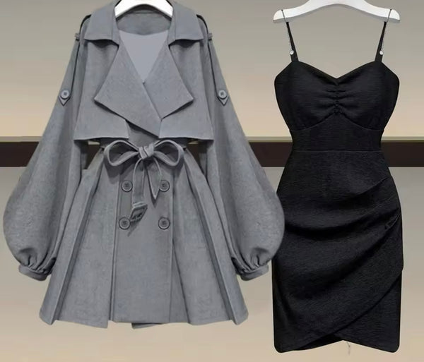 Women Sexy Sleeveless Dress Two Piece Trench Jacket Set