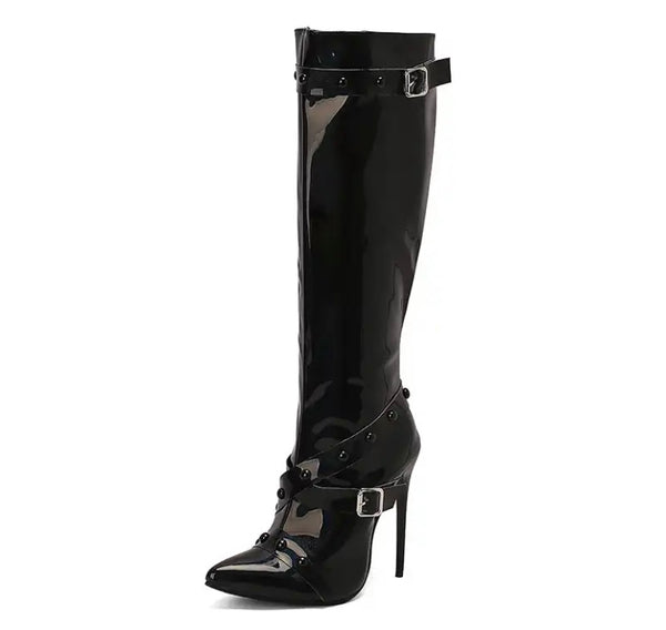 Women Color Buckled Fashion High Heel Knee High Boots