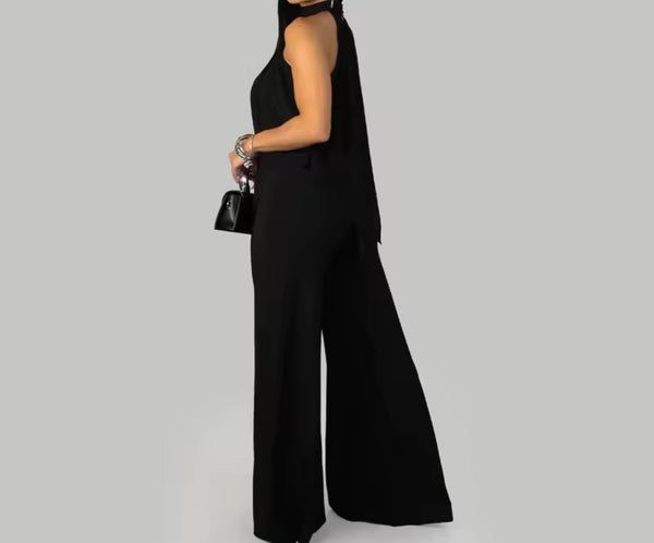 Women Halter Sleeveless Asymmetrical Top Two Piece Pant Set