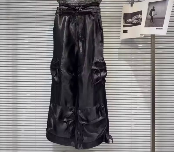 Women Fashion Black Lace Satin Cargo Pants