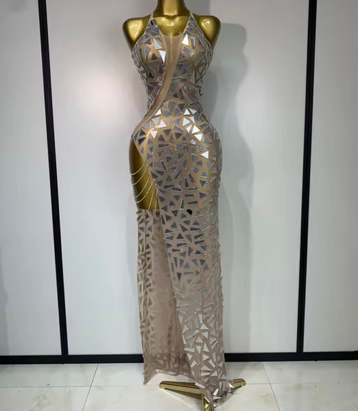 Women Sexy Sleeveless Chain Mirror Mesh Maxi Dress