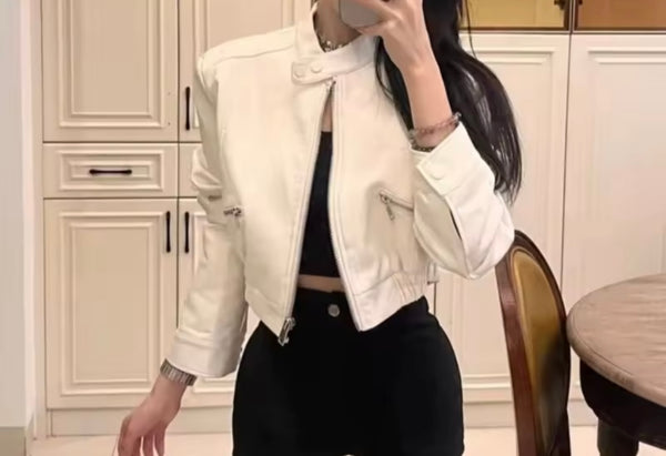Women Faux Leather Zip Up Fashion Short Jacket