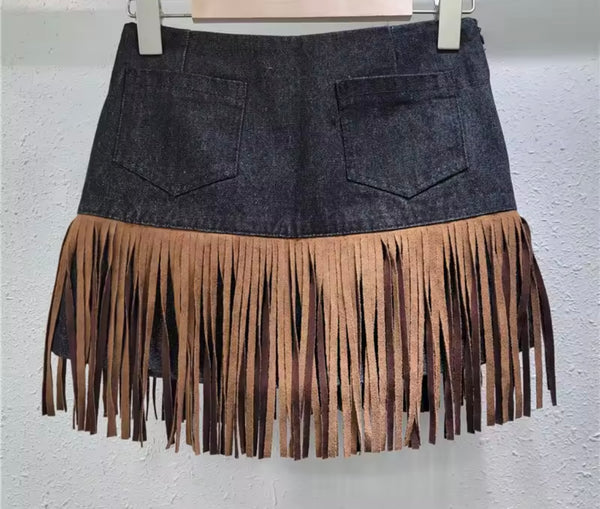 Women Fashion Buckled Fringe Tassel Denim Skirt