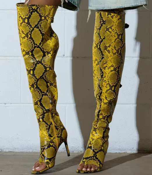 Women Fashion Open Toe Yellow Animal Print Knee High Boots