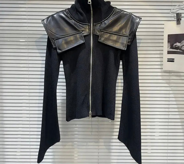 Women Black Fashion Faux Leather Patchwork Full Sleeve Zip Up Top