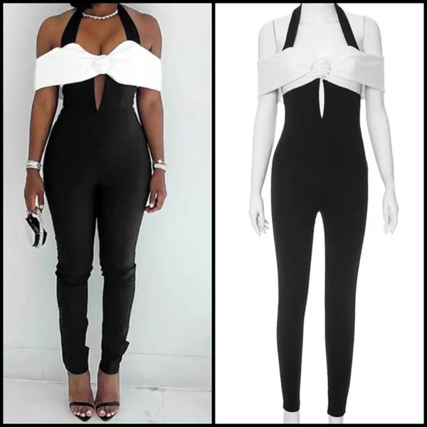 Women Fashion Sleeveless B&W Bow Jumpsuit