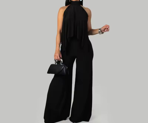 Women Halter Sleeveless Asymmetrical Top Two Piece Pant Set