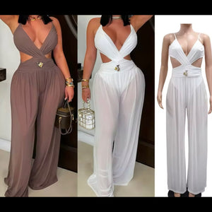 Women Sexy Sleeveless Beaded Mesh Cut Out Jumpsuit