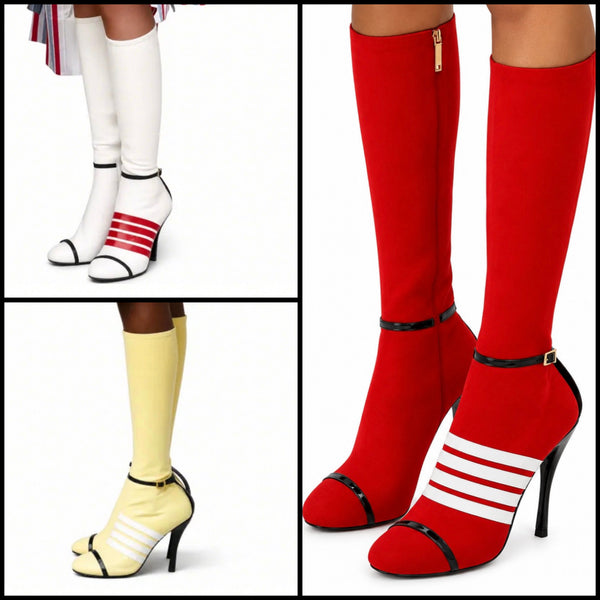Women Fashion Round Toe Stripe Buckle Knee High Boots