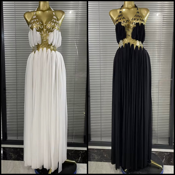 Women Sexy Halter Sleeveless Metal Ring Chiffon Maxi Dress