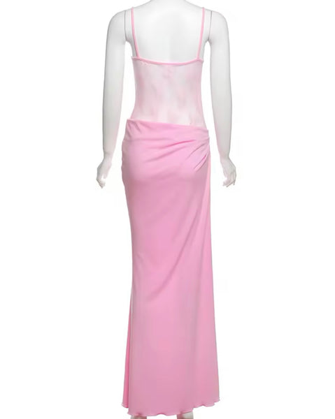 Women Sexy Sleeveless Lace Mesh Patchwork Maxi Dress