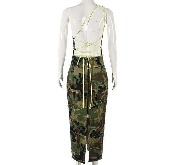 Women Camouflage One Shoulder Sleeveless Lace Up Open Back Dress