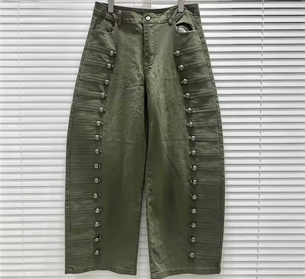 Women Fashion Metal Button Patchwork Denim Pants