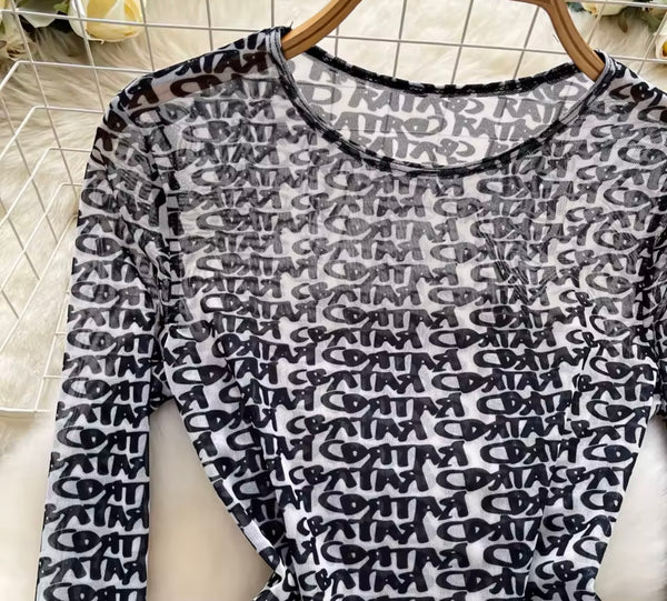Women Fashion B&W Letter Print Full Sleeve Mesh Bodysuit Top