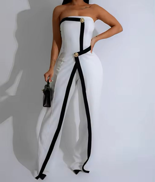 Women Sexy Strapless B&W Striped Button Jumpsuit