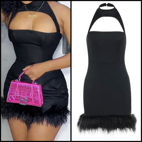 Women Black Sexy Halter Sleeveless Feather Dress