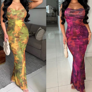Women Sexy Sleeveless Color Printed Maxi Dress