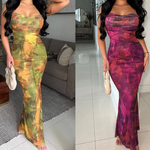 Women Sexy Sleeveless Color Printed Maxi Dress