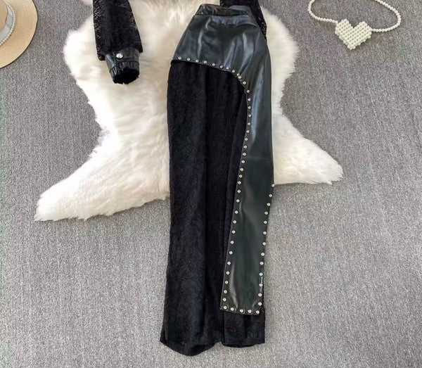 Women Sexy Lace PU Rivet Button Up Two Piece Maxi Skirt Set