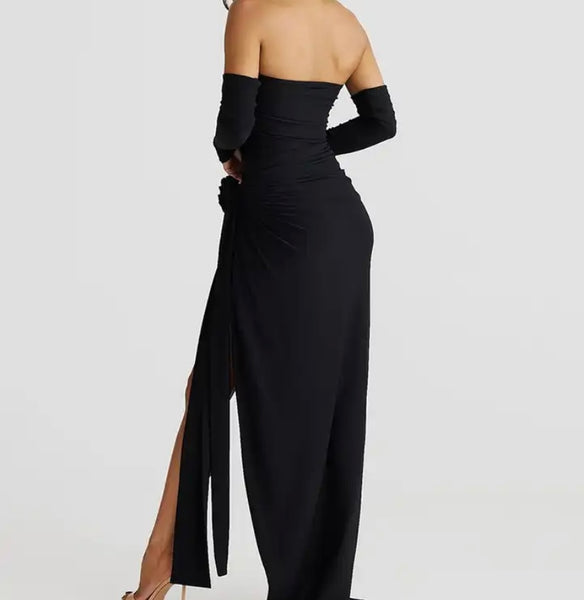 Women Sexy Strapless Bodysuit Glove Three Piece Maxi Skirt Set