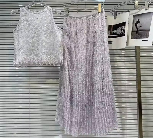 Women Sparkly Sleeveless Sexy Two Piece Pleated Maxi Skirt Set