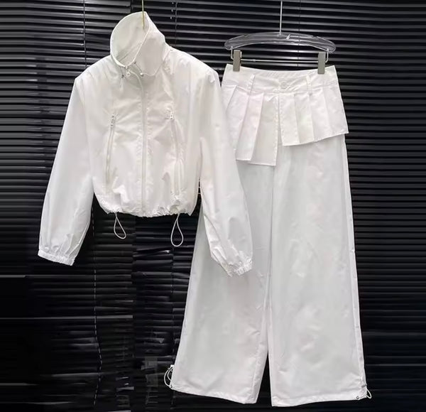 Women Fashion Zip Up Jacket Two Piece Pleated Wrap Pant Set