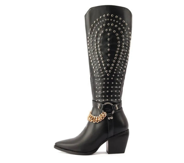 Women Fashion Rivet Gold Chain Knee High Western Boots