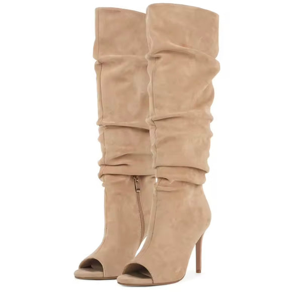 Women Suede Open Toe Fashion Ruched Knee High Boots