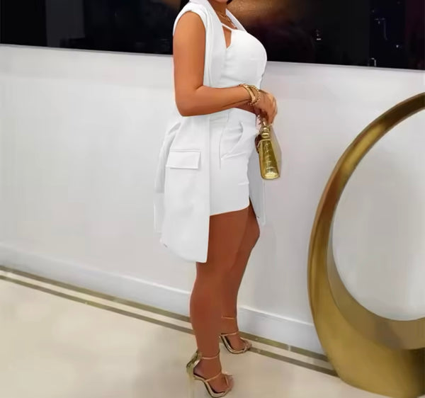 Women Fashion Sleeveless Solid Color Three Piece Short Set