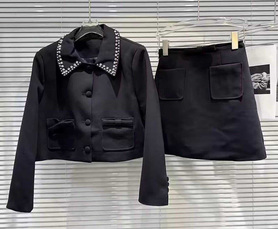 Women Black Rhinestone Blazer Two Piece Pocket Skirt Set