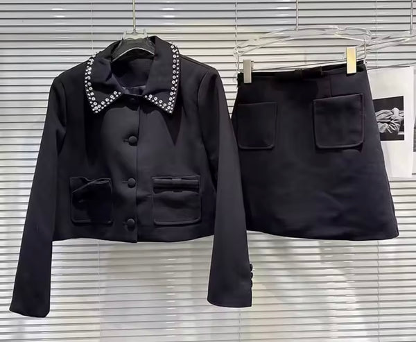 Women Black Rhinestone Blazer Two Piece Pocket Skirt Set