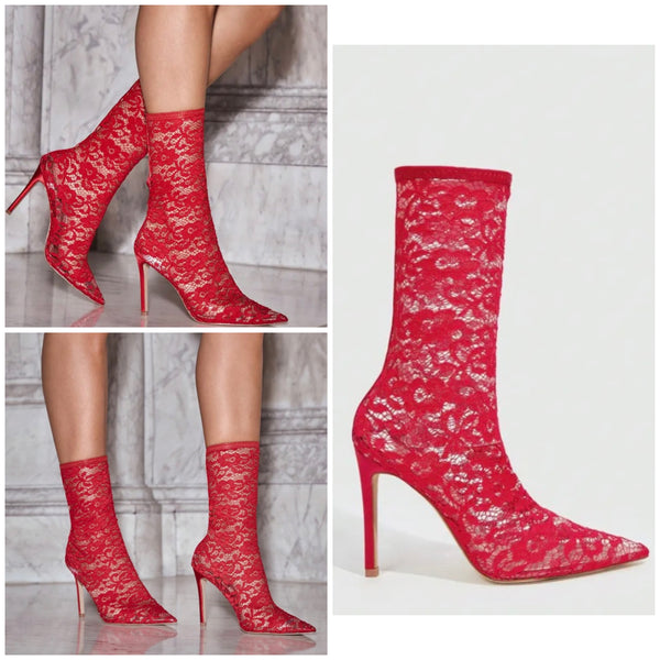 Women Fashion Red Lace High Heel Ankle Boots