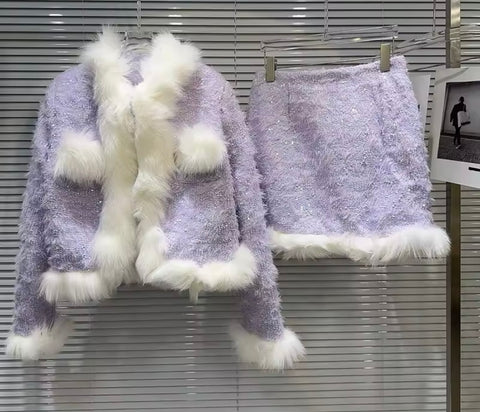 Women Purple Faux Fur Patchwork Two Piece Tweed Skirt Set