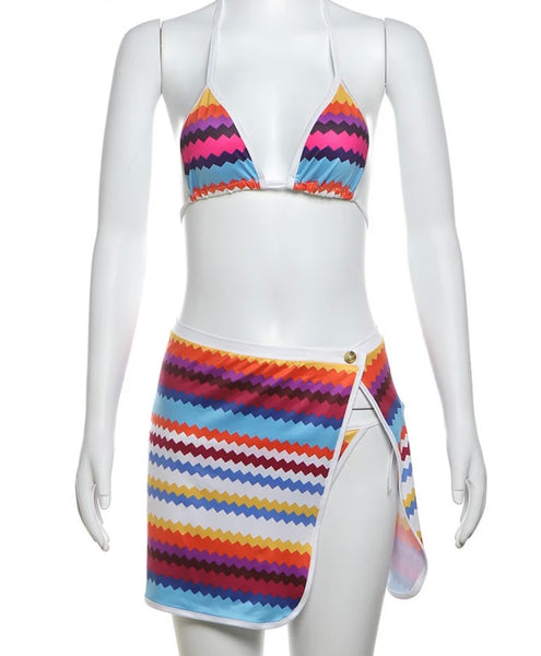 Women Sexy Multicolored Striped Halter Thong Three Piece Skirt Set