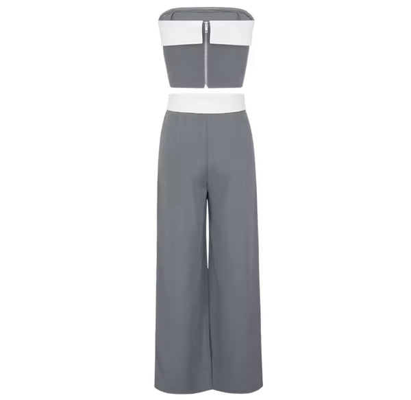 Women Sexy Strapless Color Patchwork Two Piece Pant Set
