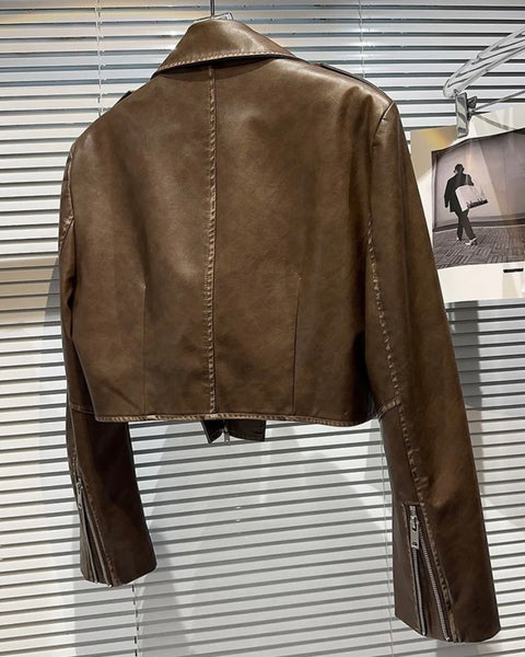 Women Brown Fashion Faux Leather Jacket