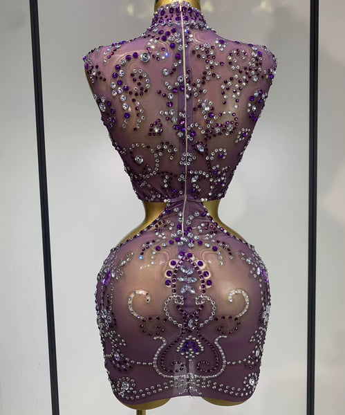Women Sexy Sleeveless Purple Rhinestone Mesh Dress