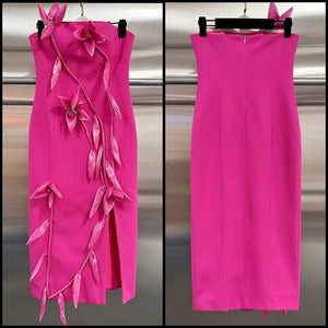 Women Sexy Strapless Pink 3D Floral Side Split Dress