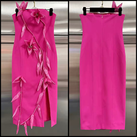 Women Sexy Strapless Pink 3D Floral Side Split Dress