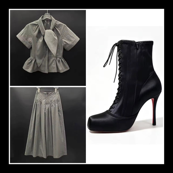 Women Fashion Tie Up Short Sleeve Two Piece Wide Leg Pant Set