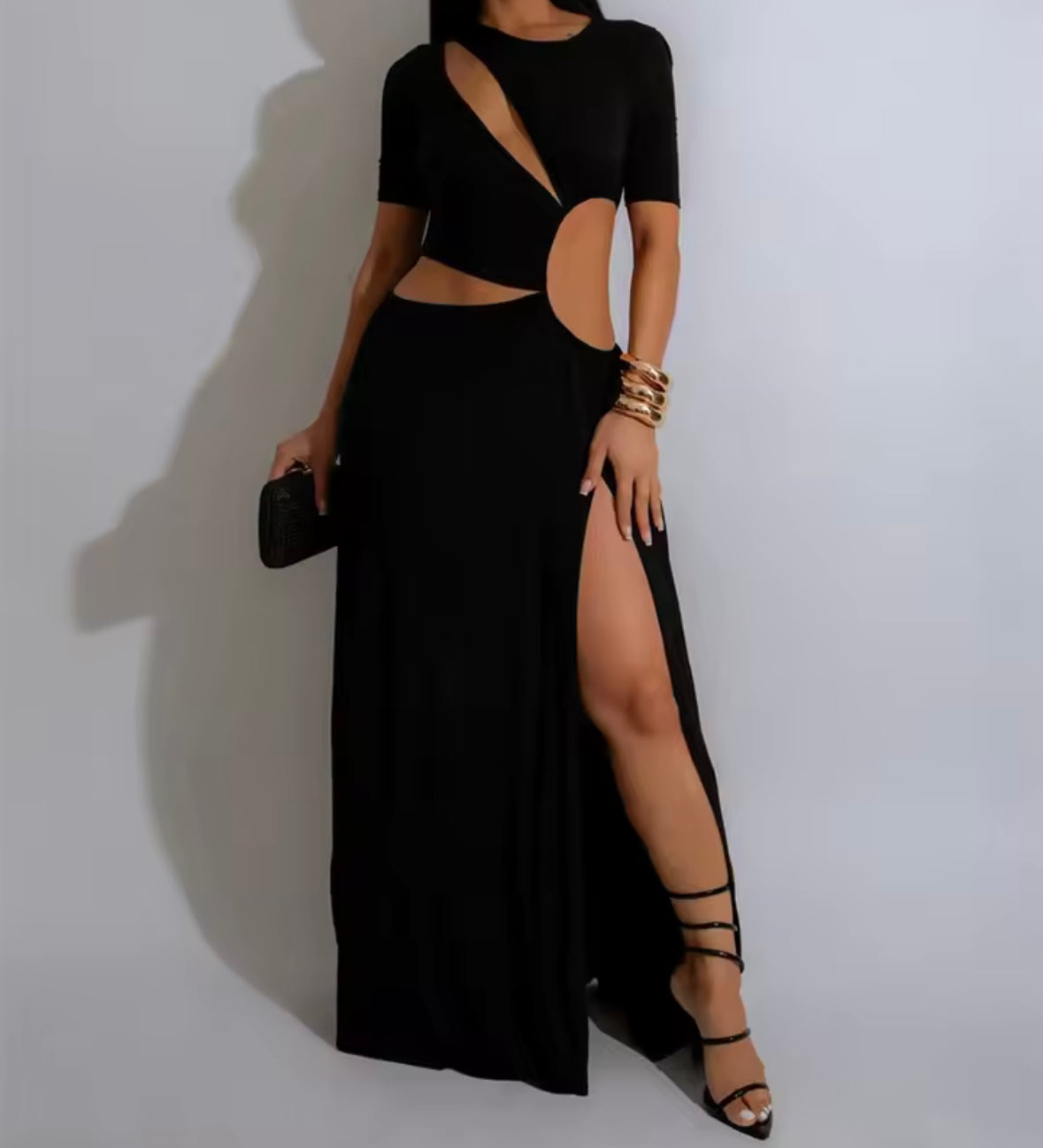Women Sexy Solid Color Short Sleeve Cut Out Side Split Maxi Dress