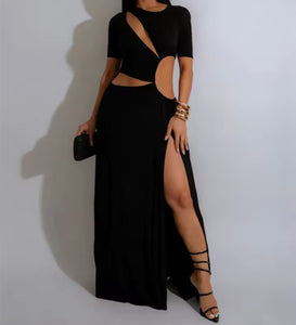 Women Sexy Solid Color Short Sleeve Cut Out Side Split Maxi Dress